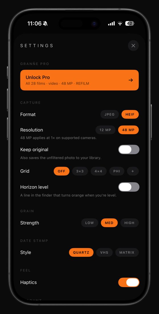 Granñe settings screen